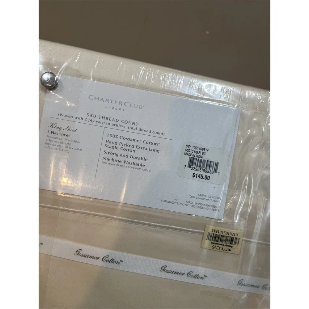 Charter‎ Club Luxury King Cream Flat Sheet, 550 TC Gossamer Cotton Ivory